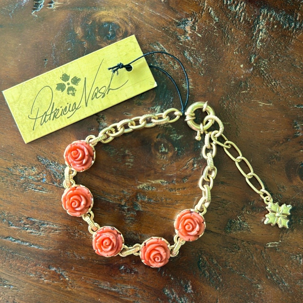 Patricia Nash dusty orange Filigree Flower Rose Link Bracelet